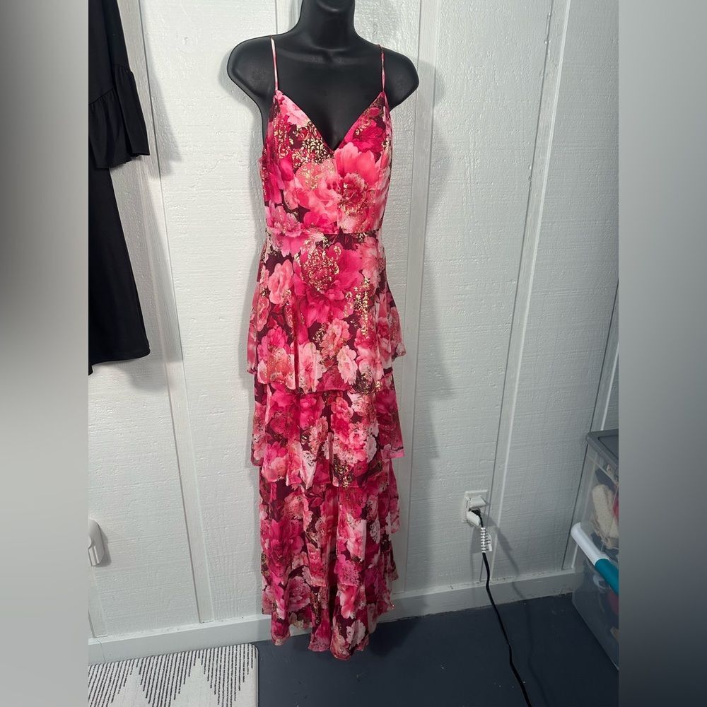 Crystal Doll Juniors' Tiered Pink Floral-Print Lurex Maxi Dress Size 5 EUC - Picture 2 of 9